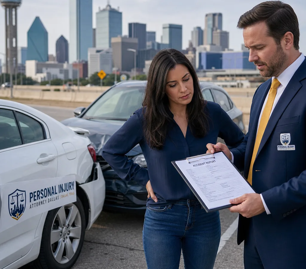 Dallas auto collision scene with vehicles safely on the shoulder while an attorney reviews a crash report