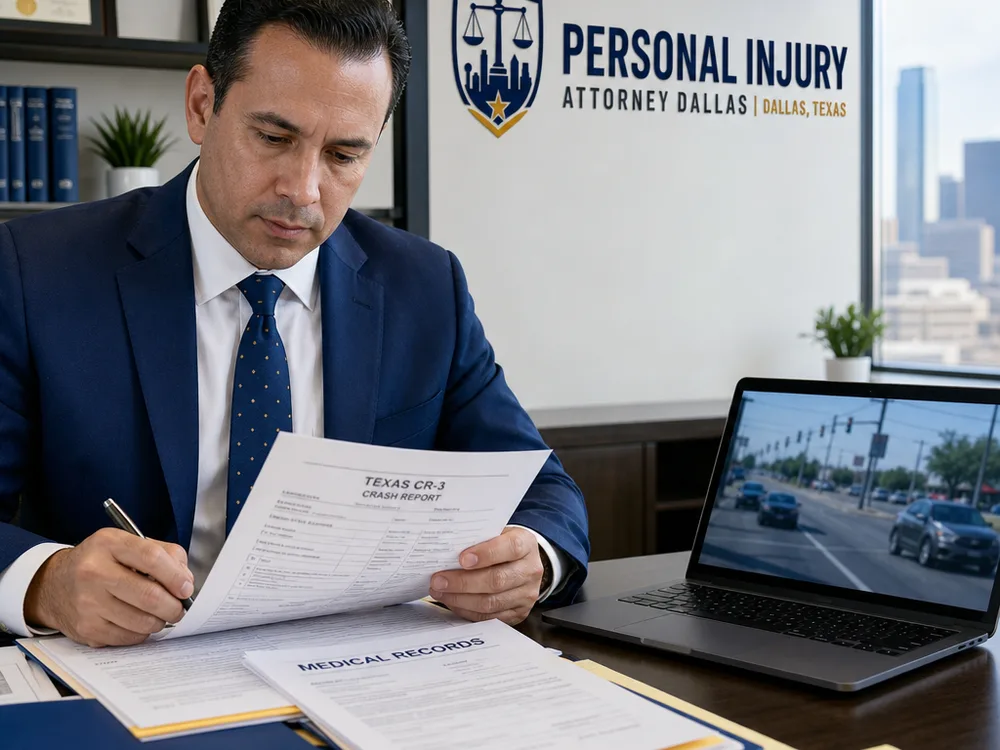 Attorney reviewing a Texas CR-3 crash report, medical documents, and an intersection image