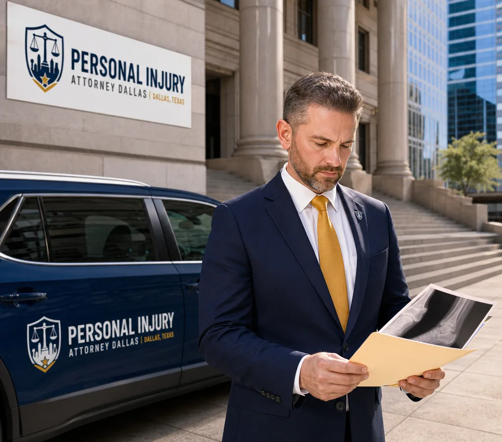 Dallas legal district exterior with an attorney reviewing a medical chart file
