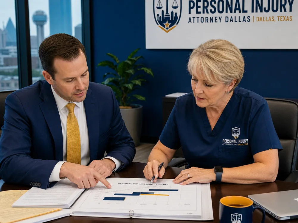 Attorney and nurse consultant reviewing anonymized medical records and a timeline chart