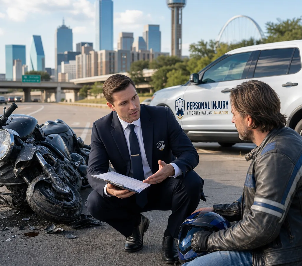 Dallas motorcycle crash aftermath with a damaged motorcycle at the roadside and an attorney speaking with a rider