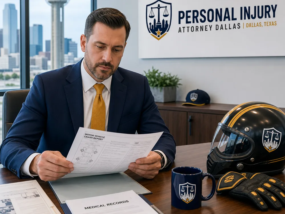 Attorney reviewing a crash report and medical records with a motorcycle helmet and riding gloves nearby