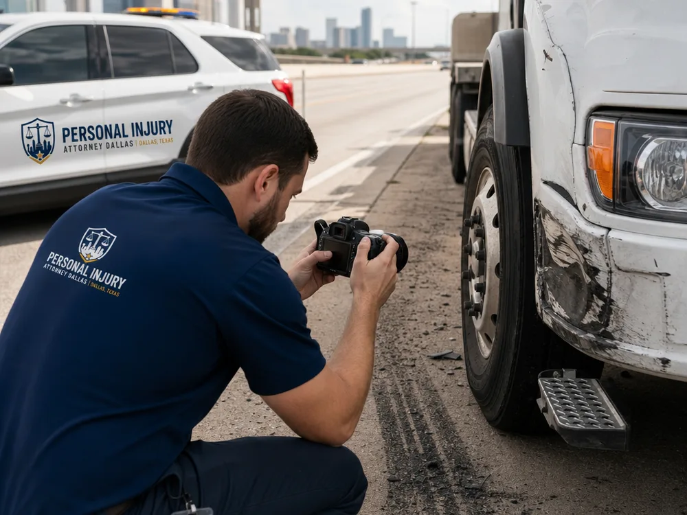 Investigator photographing skid marks and vehicle damage beside a commercial truck on a Dallas roadway